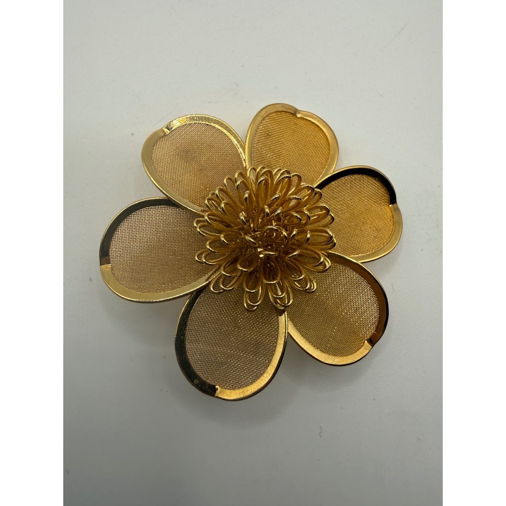 Vintage Gold Tone Mesh Flower Brooch Pin Floral Petal Layered Statement Jewelry